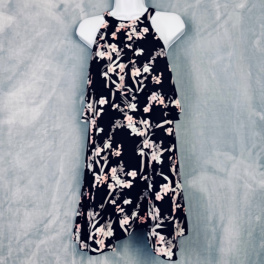 Hashtag in‎ Trend Floral Mini Dress Women L Black Pink Halter Tiered Lined USA